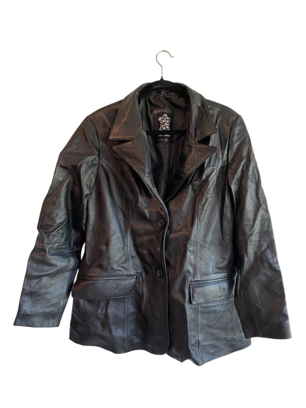 Womens Black Real Leather Blazer Jacket XL Button Front Notch Lapel Pockets
